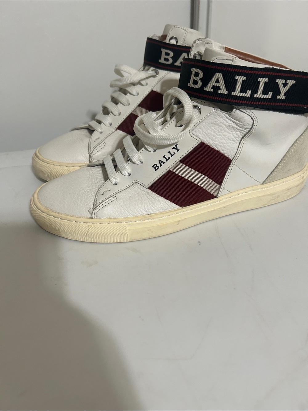 Bally men’s White and Burgundy High-Top Sneakers with Logo Strap